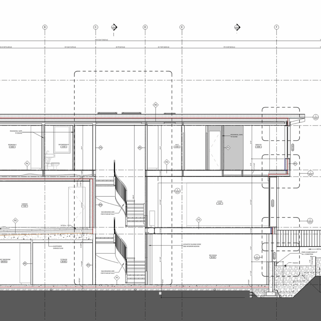 Blueprints for Leaside House, a project by Toronto sustainable architecture firm Dewson Architects.